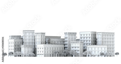 Beautiful city street with periodic style buildings. 3D rendering illustration
