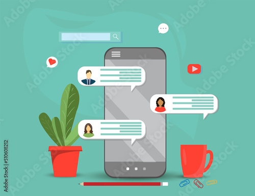 People messaging on social media online, working place , freelance work concept, online conference, teamwork concept, flat vector illustration