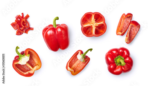 Whole and sliced red bell pepper isolated on white background. Top view.