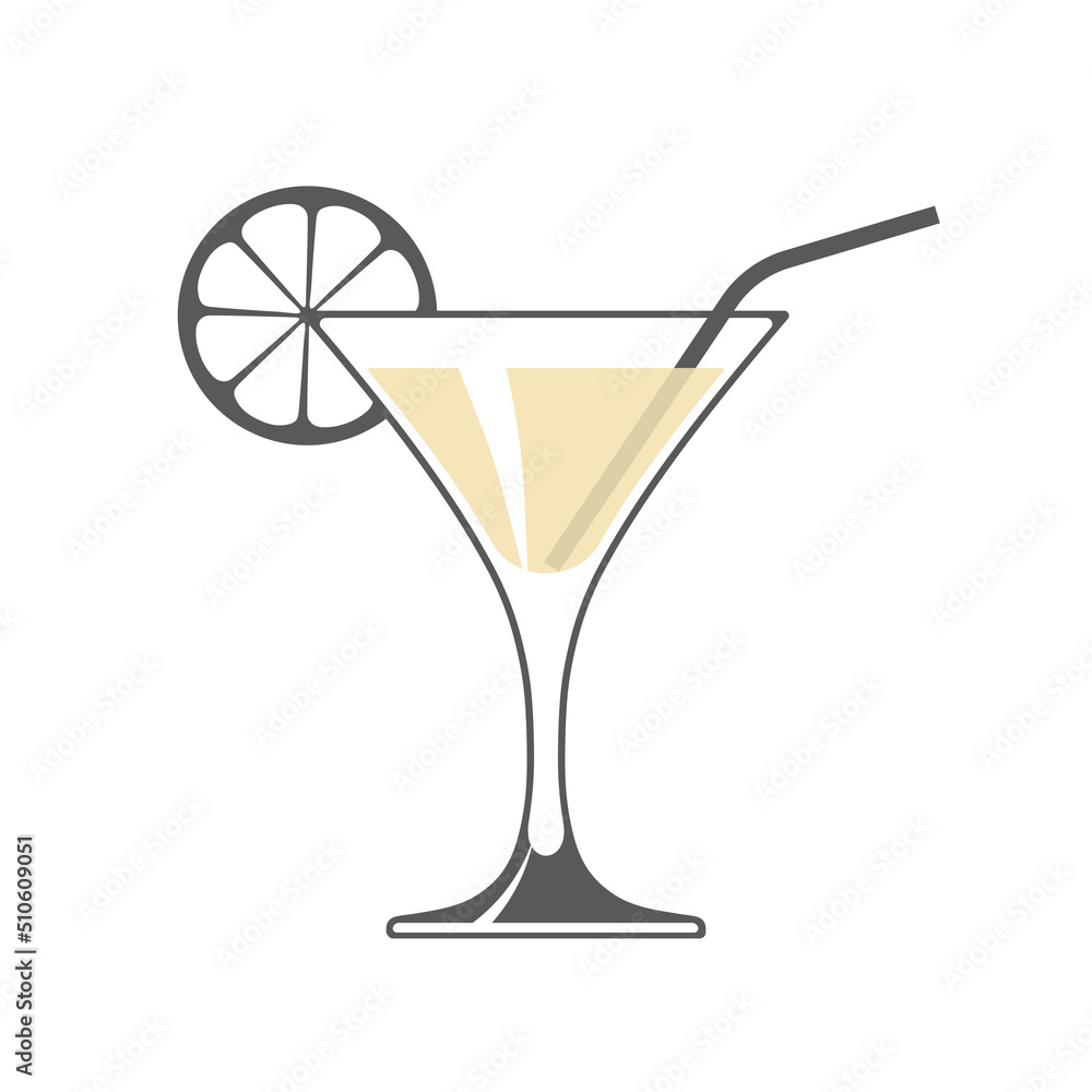 Icon of wine glass with slice of lemon and straw isolated on white background. Icon of wine glass with slice of lemon and straw isolated on white background.