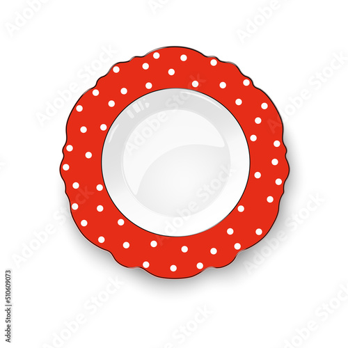 Red color plate with figured edges and polka dot pattern isolated on white background