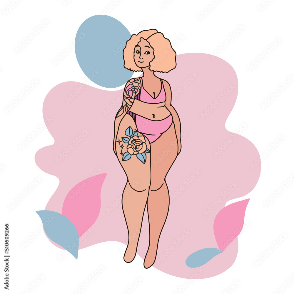 Girl with a full figure on the beach, in a swimsuit, with tattoos Girl with a full figure on the beach, in a swimsuit, with tattoos