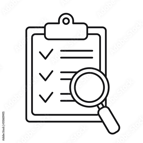 Clipboard with magnifier loupe icon, business concept. Analysis, analyzing icon. File search icon, document search, vector isolated.
