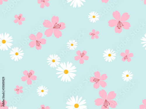 Seamless pattern with daisy flower and cherry blossom Sakura flower on green mint background vector illustration.