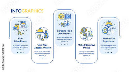 Ways of making restaurant trendy rectangle infographic template. Data visualization with 5 steps. Editable timeline info chart. Workflow layout with line icons. Lato-Bold, Regular fonts used