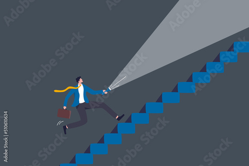 Flashlight to see opportunity, discover business way of success, challenge to find direction in the dark, leadership concept, confidence businessman with flashlight or torch running up stair.