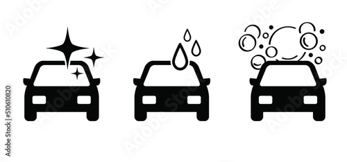 Carwash pictogram or logo. Cartoon Car wash soap, sparkling water, water drops and  bubbles.  Service for polishing, cleaning, waxing the auto. services and equipment of washing the car.