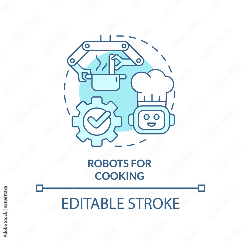 Robots for cooking turquoise concept icon. Successful restaurant business abstract idea thin line illustration. Isolated outline drawing. Editable stroke. Arial, Myriad Pro-Bold fonts used