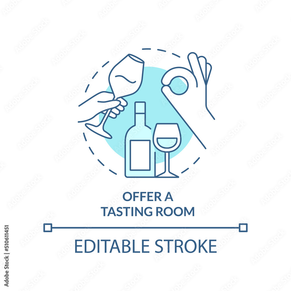 Offer tasting room turquoise concept icon. Successful restaurant business abstract idea thin line illustration. Winery. Isolated outline drawing. Editable stroke. Arial, Myriad Pro-Bold fonts used