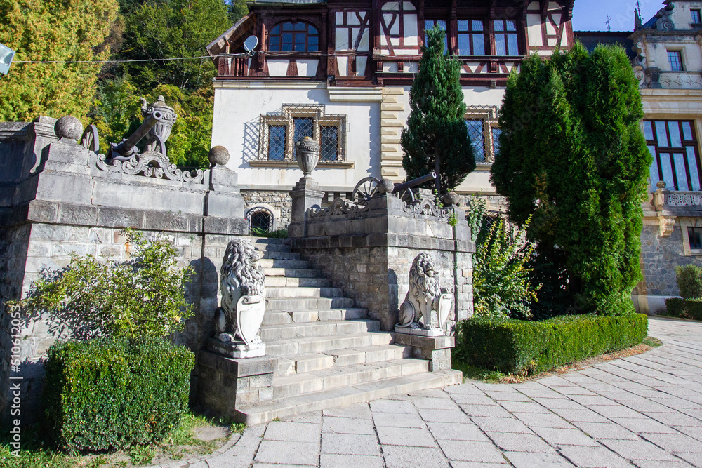 Beautiful old royal palace in Carpathian, entrance with stairs