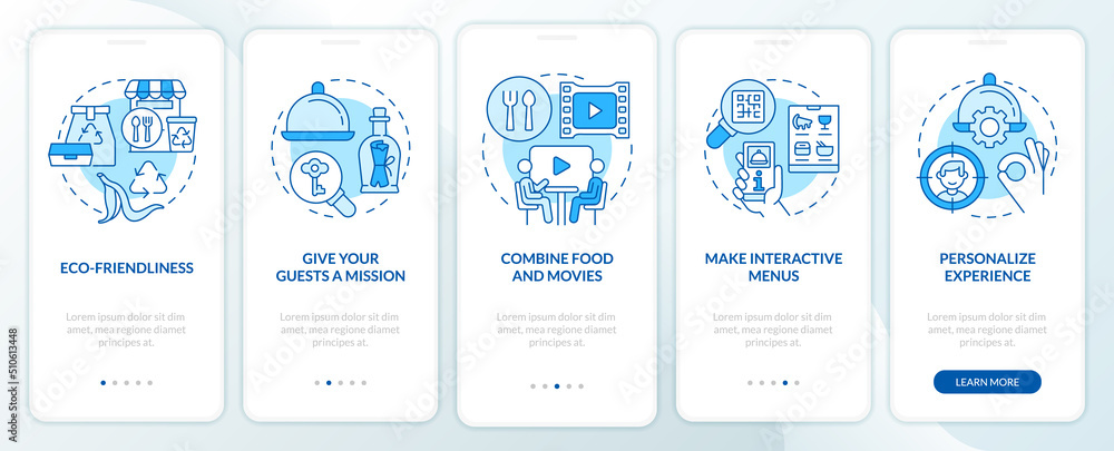 Unusual dining experiences blue onboarding mobile app screen. Walkthrough 5 steps editable graphic instructions with linear concepts. UI, UX, GUI template. Myriad Pro-Bold, Regular fonts used Unusual dining experiences blue onboarding mobile app screen. Walkthrough 5 steps editable graphic instructions with linear concepts. UI, UX, GUI template. Myriad Pro-Bold, Regular fonts used