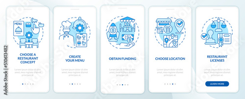 Starting restaurant steps blue onboarding mobile app screen. Walkthrough 5 steps editable graphic instructions with linear concepts. UI, UX, GUI template. Myriad Pro-Bold, Regular fonts used