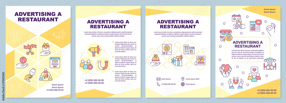 Advertising restaurant yellow brochure template. Marketing. Leaflet design with linear icons. Editable 4 vector layouts for presentation, annual reports. Arial-Black, Myriad Pro-Regular fonts used