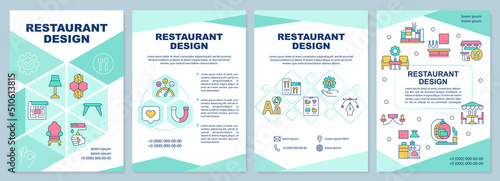 Restaurant design green brochure template. Dining room. Leaflet design with linear icons. Editable 4 vector layouts for presentation, annual reports. Arial-Black, Myriad Pro-Regular fonts used
