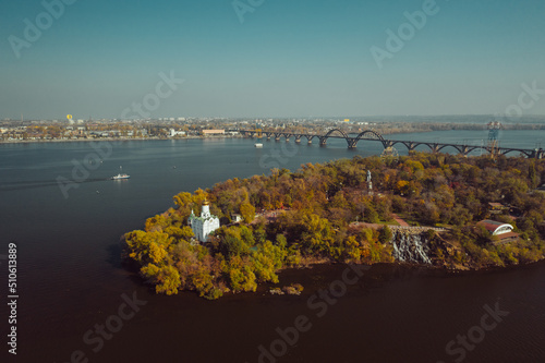 View over the Dnieper River in Kiev. Aerial drone view.