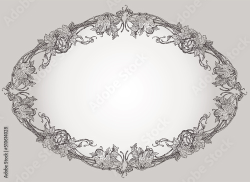 Decorative greeting card with oval border from drawn vintage vine with tendrils and leaves
