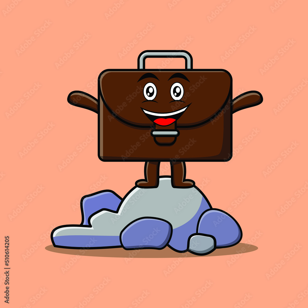 Cute cartoon Suitcase character standing in stone vector illustration in concept flat cartoon style Cute cartoon Suitcase character standing in stone vector illustration in concept flat cartoon style