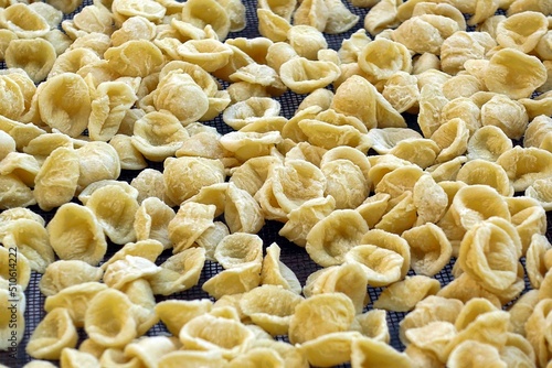 Close-up image of fresh handmade Apulian orecchiette pasta. Typical Italian pasta recipe