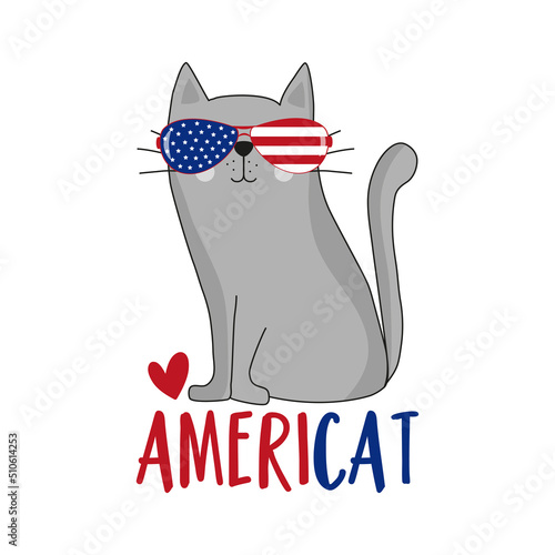 Americat - cute cat in sunglasses. Happy Independence Day, design illustration. Good for advertising, poster, announcement, invitation, party, T shirt print.