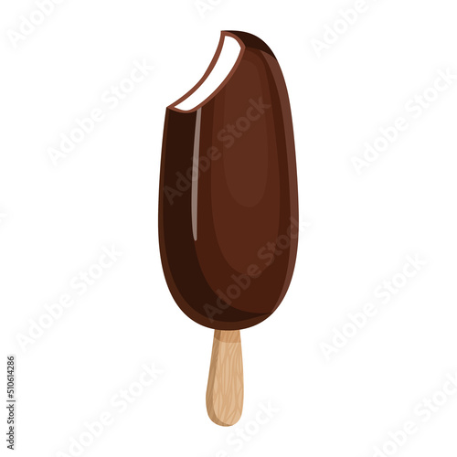 Popsicle ice cream with chocolate icing on a wooden stick. Vector illustration of summer sweets.