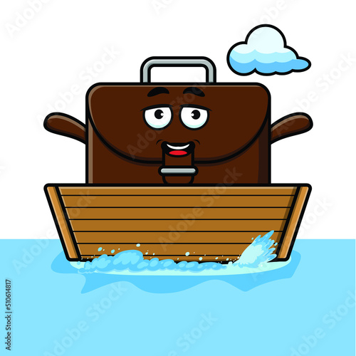 cute cartoon suitcase get on boat in vector character illustration