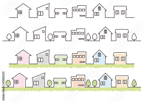 町の家々の線画イラスト