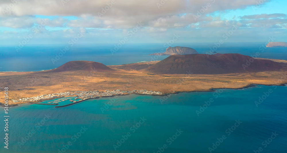 aerial photographic image of the island of Lanzarote, Canary Islands. Spain.