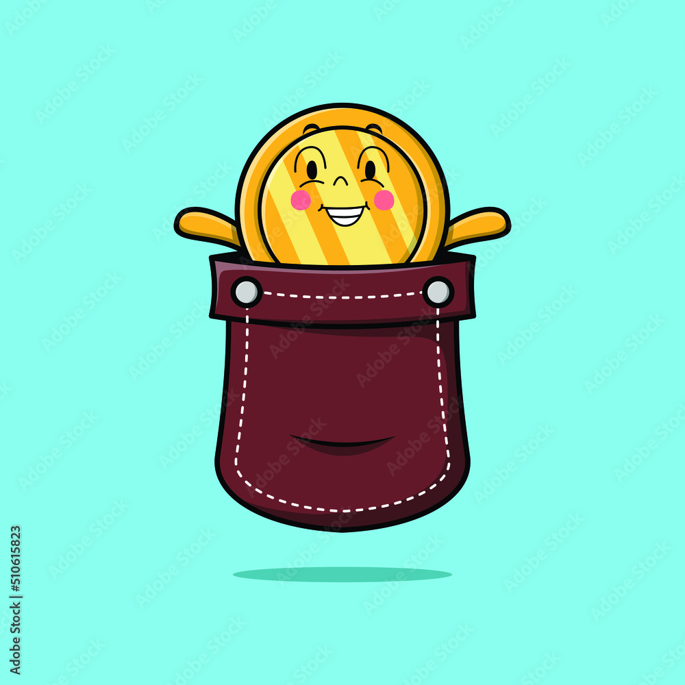 Cute cartoon Gold coin character coming out from pocket look so happy ...