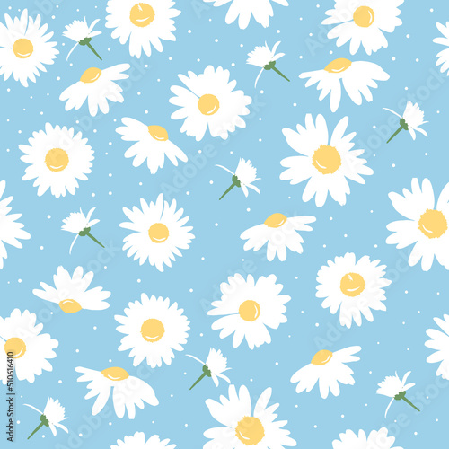 The chamomile flower. Silhouettes of white daisies for textiles. Seamless floral texture white of Daisy flower on blue background, EPS 8, vector.