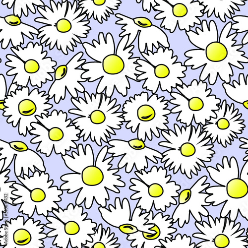 The chamomile flower. Hand-drawn  daisies for textiles. Seamless floral texture of Daisy flower on blue background, EPS 8, vector.