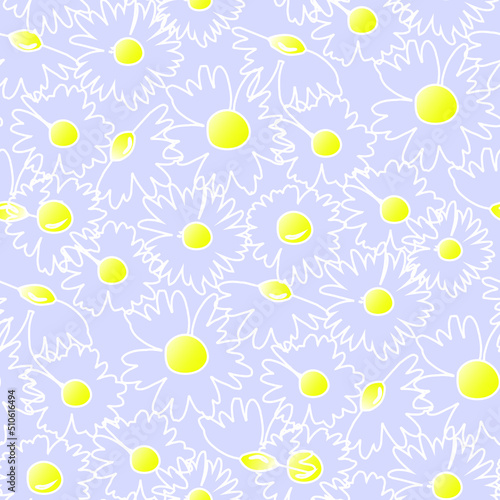 The chamomile flower. Silhouettes of  daisies for textiles. Seamless floral texture of Daisy flower on blue background, EPS 8, vector.