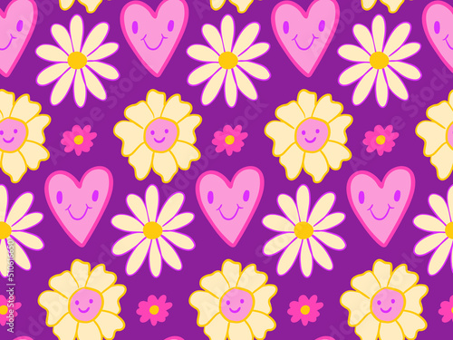 Groovy Y2K 90s seamless pattern vector background with Retro hippie trippy smiley flowers and hearts. repeat texture wallpaper, textile design, print.