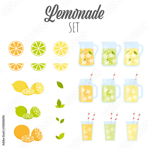 Lemonade set. set of refreshment drinks, citrus and mint. Vector illustration. flat style.