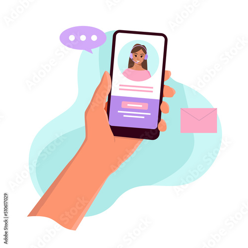 Customer service concept. Hand with phone isolated on a white background. Illustration for call center, support, help, online technical support 24-7. Operator.
