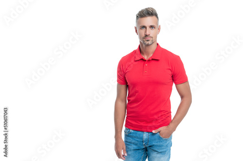 handsome man with grizzled hair in red shirt isolated on white background