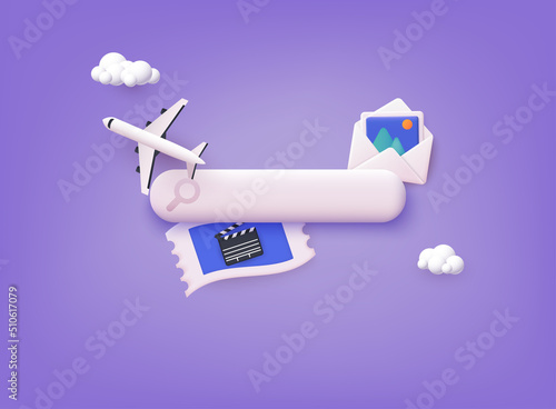 Online booking design concept for mobile phone: hotel, flight, car, tickets. 3D Web Vector Illustrations.