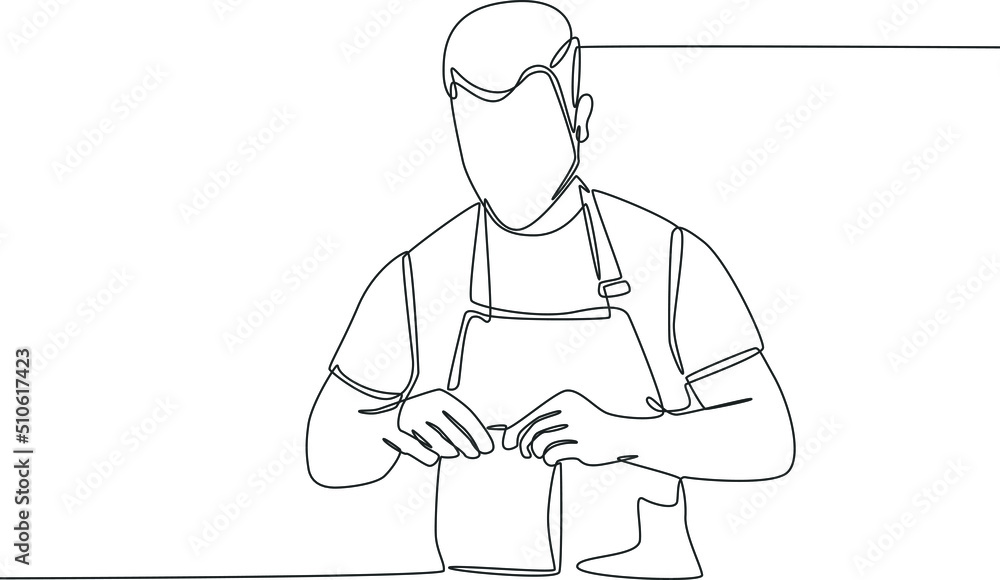Simple continuous line drawing barista is wrapping paper bag to customer. Take away and service concept. Continuous line draw design graphic vector illustration.
