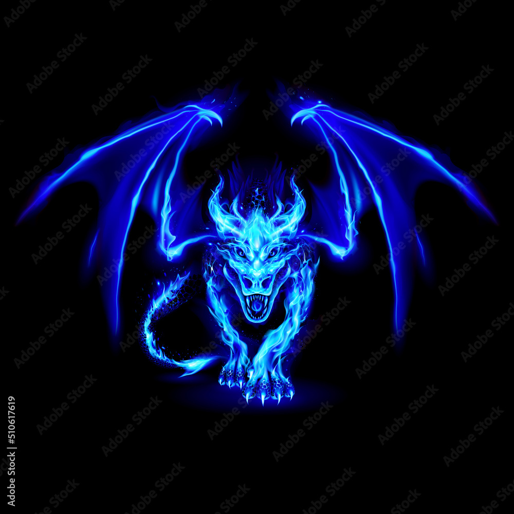 Abstract Illustration of Infuriated Dragon with Fire Flames in Blue