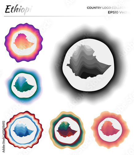 Ethiopia logo collection. Colorful badge of the country. Layers around Ethiopia border shape. Vector illustration.