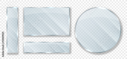 Realistic glass plates. Collection of elements for decorating apartments and houses. Furniture and style. Glitter and shadows. Isometric vector illustration isolated on transparent background