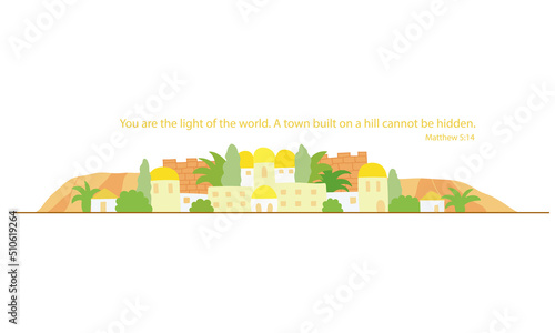 Old biblical hand drawn panoramic city scape with bible verse from Matthew 5:14. Use as headline on any background or decoration on biblical sites, prints, scrip books