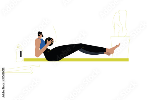 Woman in fitness clothes lying on  mat and performing abdominal crunch exercise. Vector illustration flat design