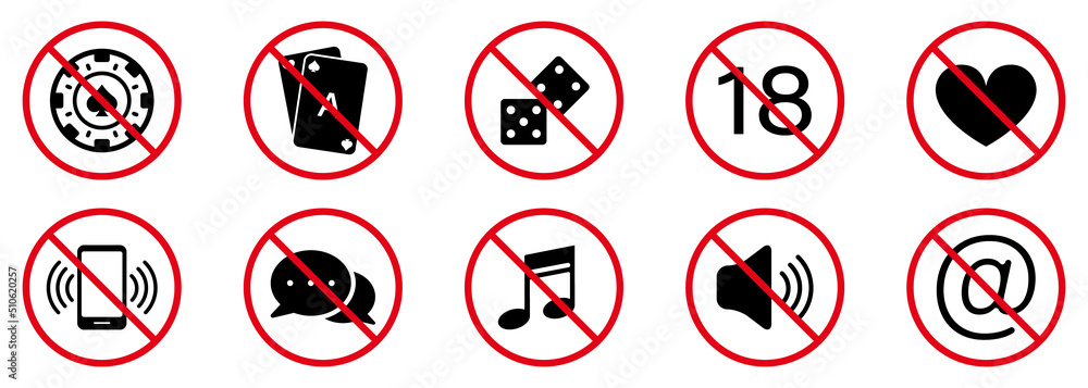 Casino Ban Black Silhouette Icon Set. Forbid Poker Card Blackjack Pictogram. Mute Phone in Casino Red Stop Circle Symbol. No Allowed Gambling Game Sign. Dice Prohibited. Isolated Vector Illustration