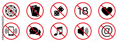 Casino Ban Black Silhouette Icon Set. Forbid Poker Card Blackjack Pictogram. Mute Phone in Casino Red Stop Circle Symbol. No Allowed Gambling Game Sign. Dice Prohibited. Isolated Vector Illustration