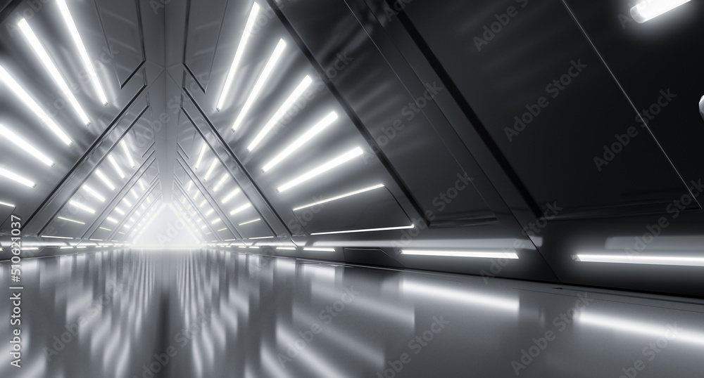Futuristic Cyber Tunnel, Sci Fi Dark Lights corridor interior design. Triangle Metal Structures Future concept design. 3D Rendering Futuristic Cyber Tunnel, Sci Fi Dark Lights corridor interior design. Triangle Metal Structures Future concept design. 3D Rendering