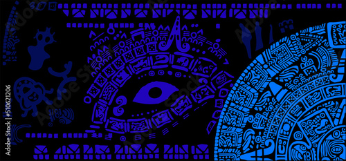 Space background with ancient maya pattern.Corner design on the theme of the Mayan calendar.  
The Aztecs, Mayans, Incas.
The Mayan alphabet.Ancient signs of America on a black background.
