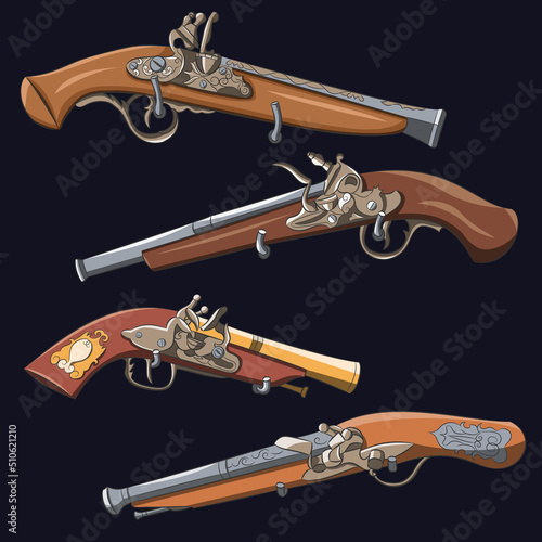 Four old flintlock pistols isolated on a dark blue background.
