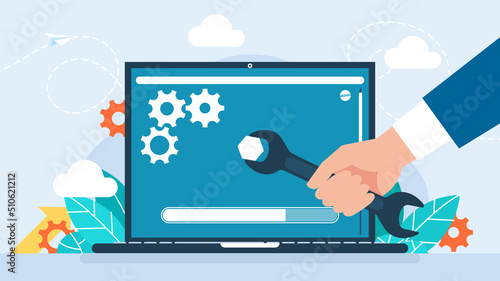 Concept of creating, setting personal pages, and repairing. User interface customization, programming. Laptop screen with user's personal page. User customizes settings on PC. Vector illustration