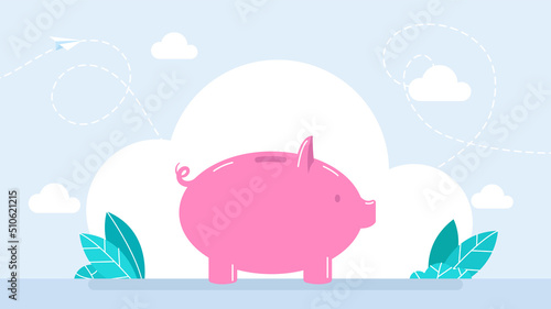 Saving money. Piggy Bank for storing money. Porcelain pink figurine of a pig with a slot for tossing coins. Business concept of savings, dividends, credit interest. Flat style. Vector illustration
