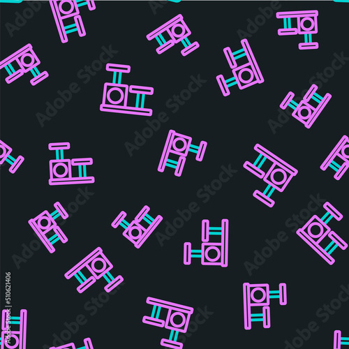 Line Cat scratching post with toy icon isolated seamless pattern on black background. Vector